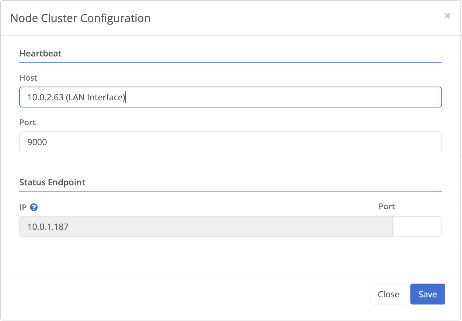 Dialog to enter heartbeat IP and port, and status endpoint port